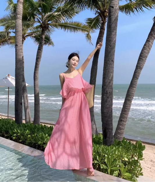 Breathable Fabric Stunning Island Photo Maxi Dress Unique Hem Ruffles Long Dress AP0595