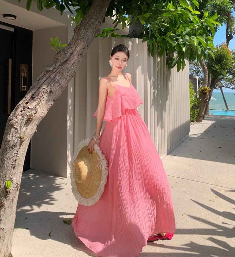 Breathable Fabric Stunning Island Photo Maxi Dress Unique Hem Ruffles Long Dress AP0595