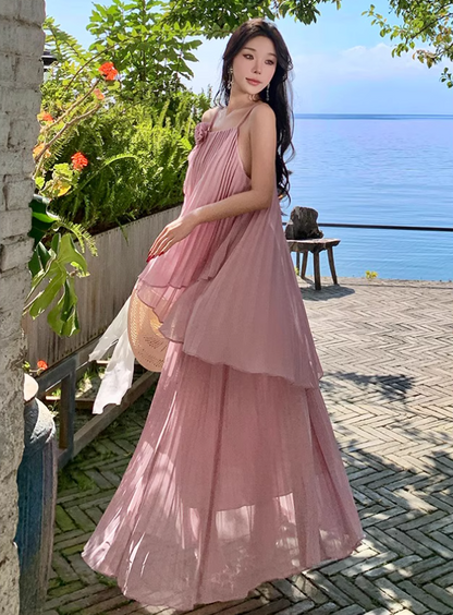 Charming Ruffled Hem Oversize Maxi Dress Pressed Pleads Fairycore Halter Long Dress AP0596