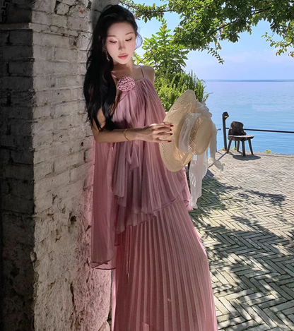 Charming Ruffled Hem Oversize Maxi Dress Pressed Pleads Fairycore Halter Long Dress AP0596