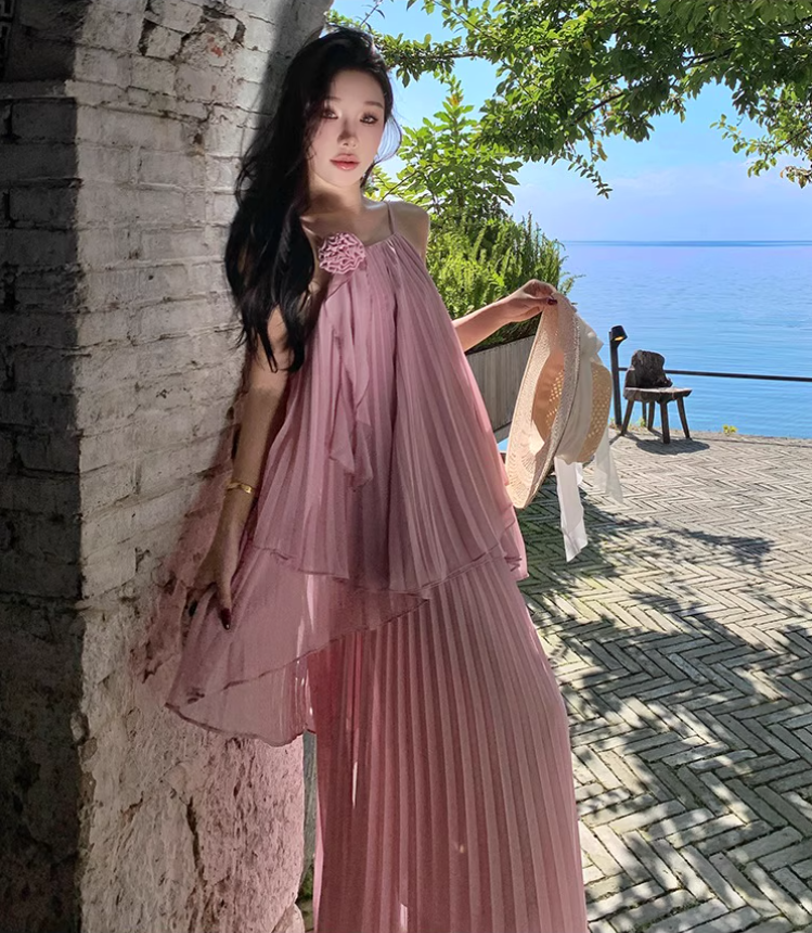 Charming Ruffled Hem Oversize Maxi Dress Pressed Pleads Fairycore Halter Long Dress AP0596