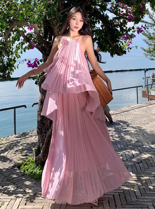 Charming Ruffled Hem Oversize Maxi Dress Pressed Pleads Fairycore Halter Long Dress AP0596