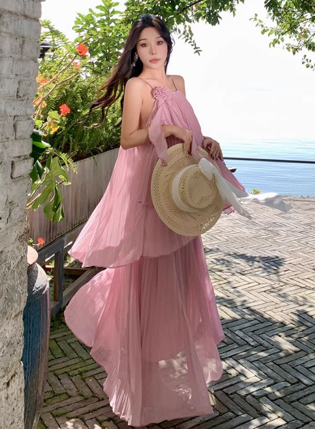 Charming Ruffled Hem Oversize Maxi Dress Pressed Pleads Fairycore Halter Long Dress AP0596