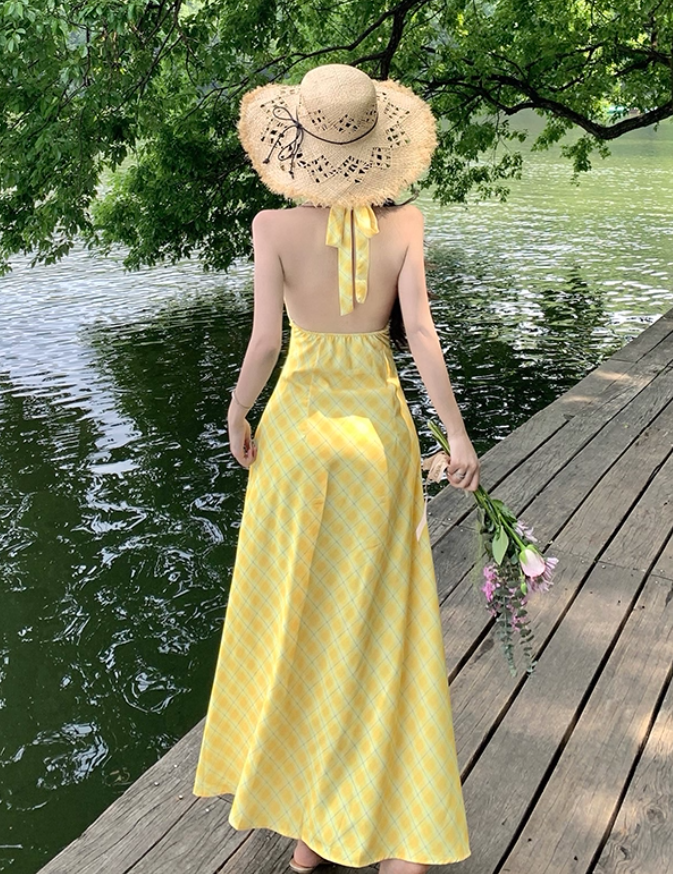 Vibrant Waist-Cinching Cute Maxi Dress Backless Gingham Halter Long Dress AP0597