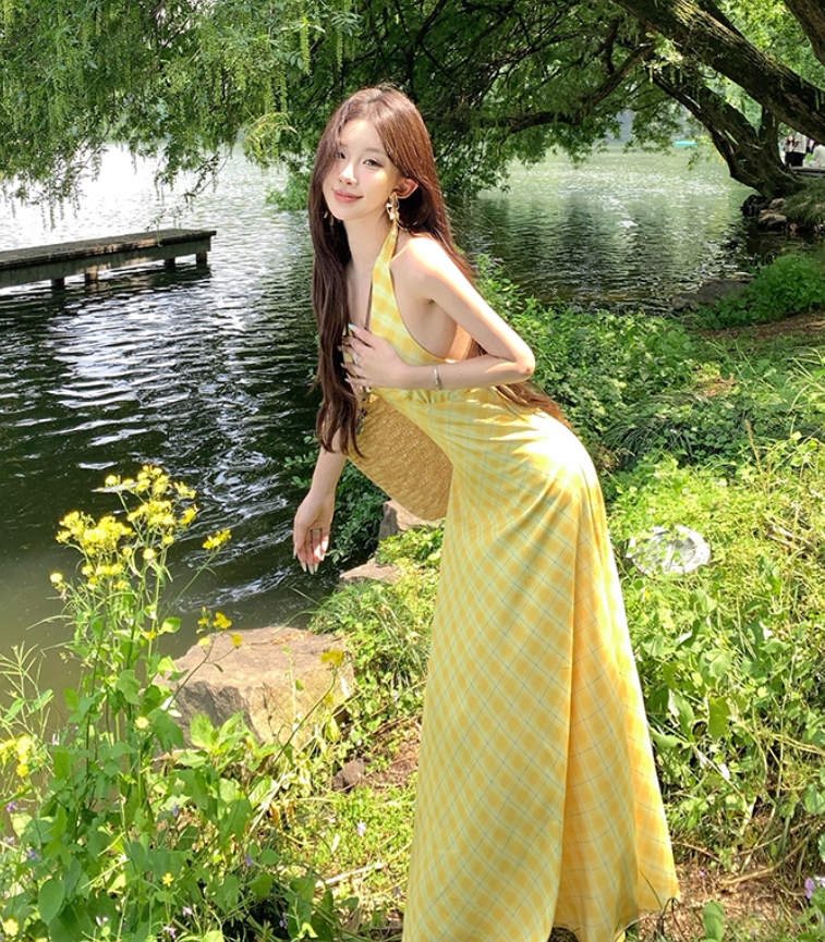 Vibrant Waist-Cinching Cute Maxi Dress Backless Gingham Halter Long Dress AP0597