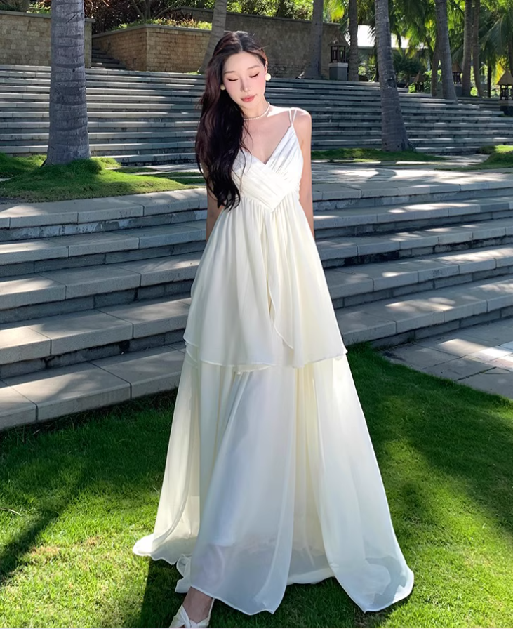 Flowy Double Layers Island Photo Maxi Dress Hem Ruffles Fairycore Ambience Long Dress AP0598