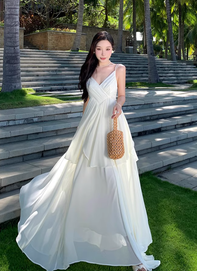 Flowy Double Layers Island Photo Maxi Dress Hem Ruffles Fairycore Ambience Long Dress AP0598