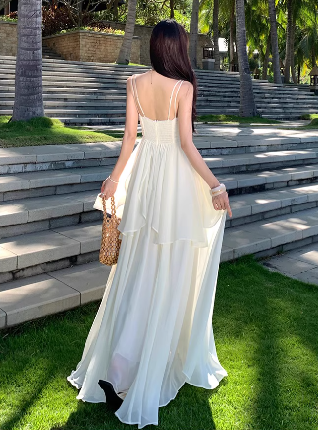 Flowy Double Layers Island Photo Maxi Dress Hem Ruffles Fairycore Ambience Long Dress AP0598