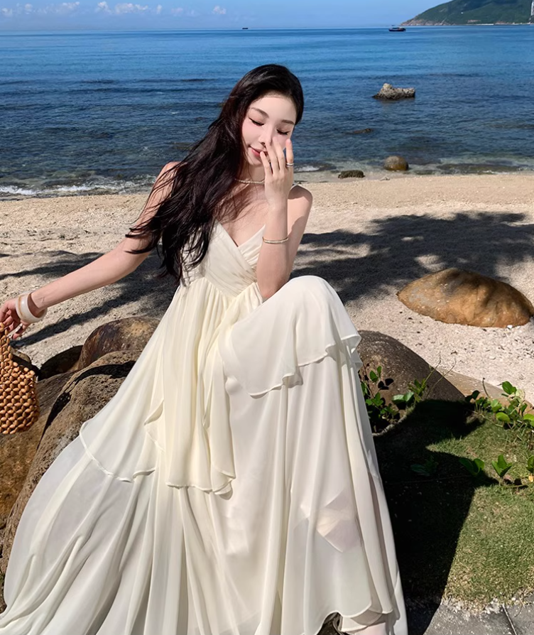 Flowy Double Layers Island Photo Maxi Dress Hem Ruffles Fairycore Ambience Long Dress AP0598