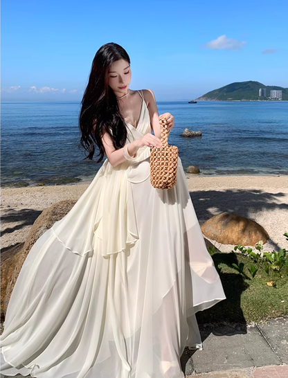 Flowy Double Layers Island Photo Maxi Dress Hem Ruffles Fairycore Ambience Long Dress AP0598