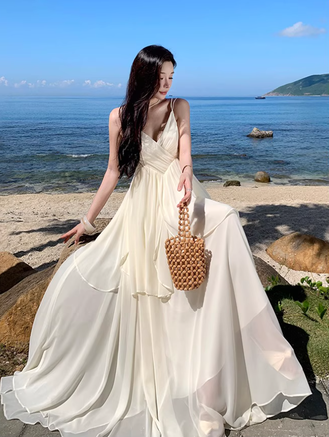 Flowy Double Layers Island Photo Maxi Dress Hem Ruffles Fairycore Ambience Long Dress AP0598