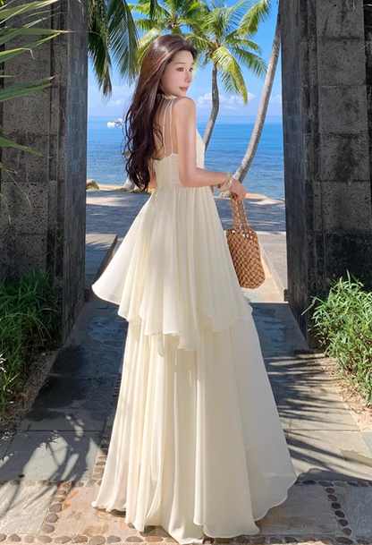 Flowy Double Layers Island Photo Maxi Dress Hem Ruffles Fairycore Ambience Long Dress AP0598