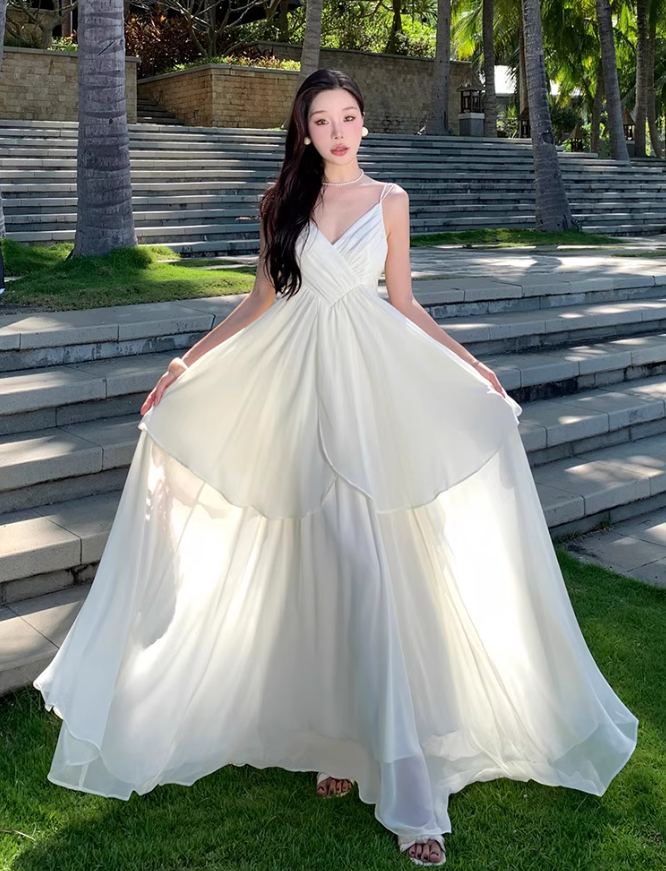 Flowy Double Layers Island Photo Maxi Dress Hem Ruffles Fairycore Ambience Long Dress AP0598