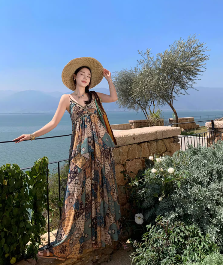 Exotic Breathable Fabric Vintage Maxi Dress Hem Ruffles Island Photo Long Dress AP0599