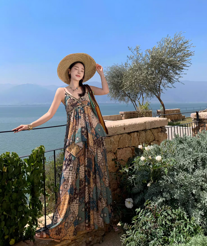 Exotic Breathable Fabric Vintage Maxi Dress Hem Ruffles Island Photo Long Dress AP0599