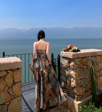 Exotic Breathable Fabric Vintage Maxi Dress Hem Ruffles Island Photo Long Dress AP0599