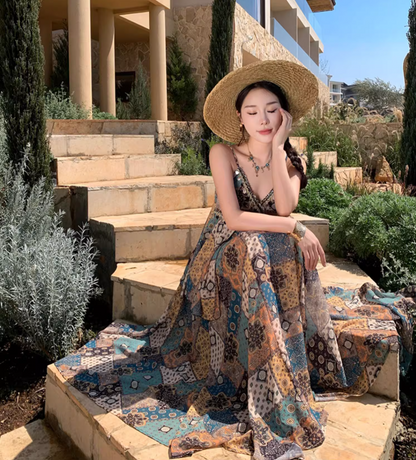 Exotic Breathable Fabric Vintage Maxi Dress Hem Ruffles Island Photo Long Dress AP0599