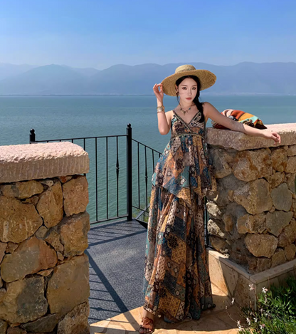 Exotic Breathable Fabric Vintage Maxi Dress Hem Ruffles Island Photo Long Dress AP0599