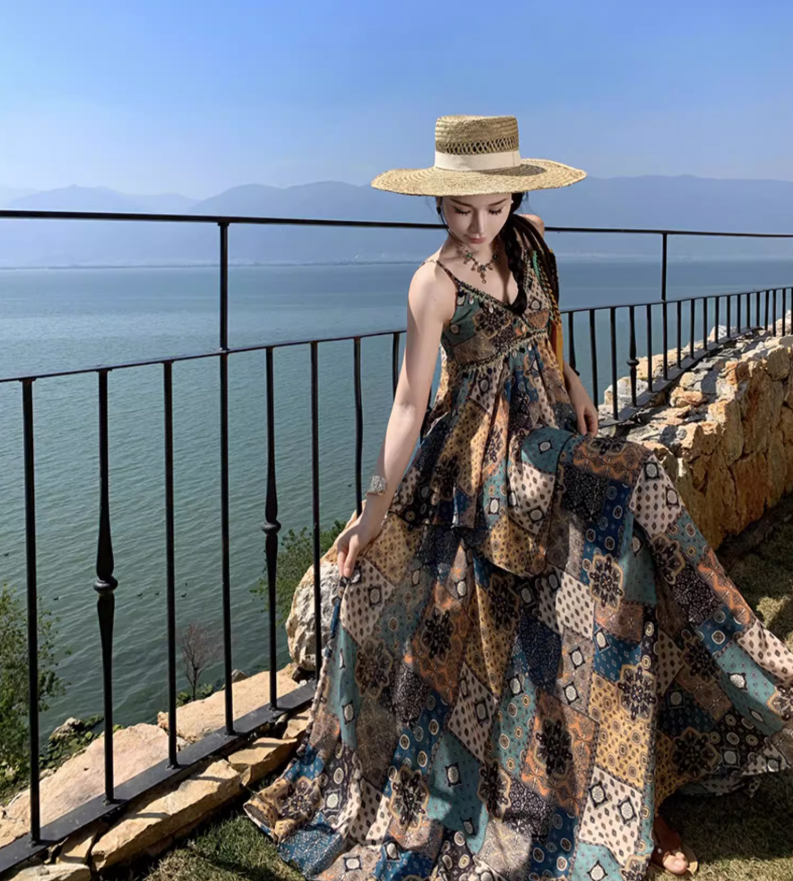 Exotic Breathable Fabric Vintage Maxi Dress Hem Ruffles Island Photo Long Dress AP0599