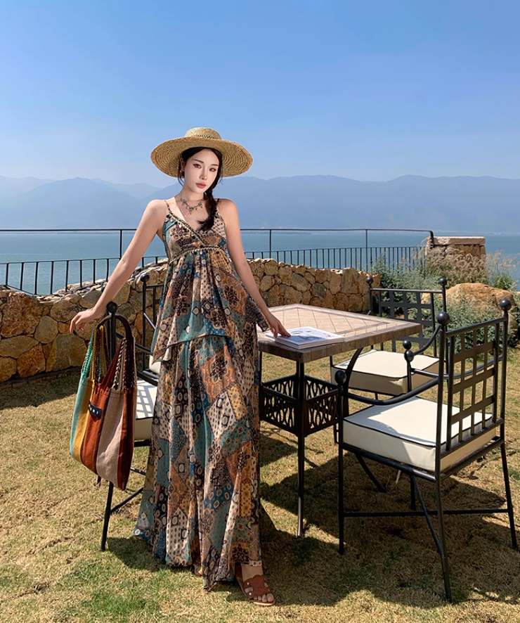 Exotic Breathable Fabric Vintage Maxi Dress Hem Ruffles Island Photo Long Dress AP0599