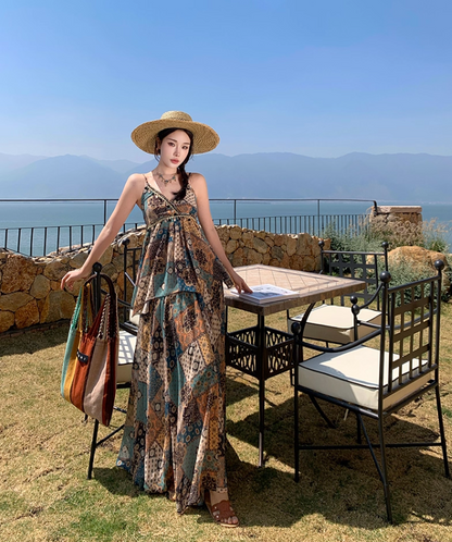 Exotic Breathable Fabric Vintage Maxi Dress Hem Ruffles Island Photo Long Dress AP0599