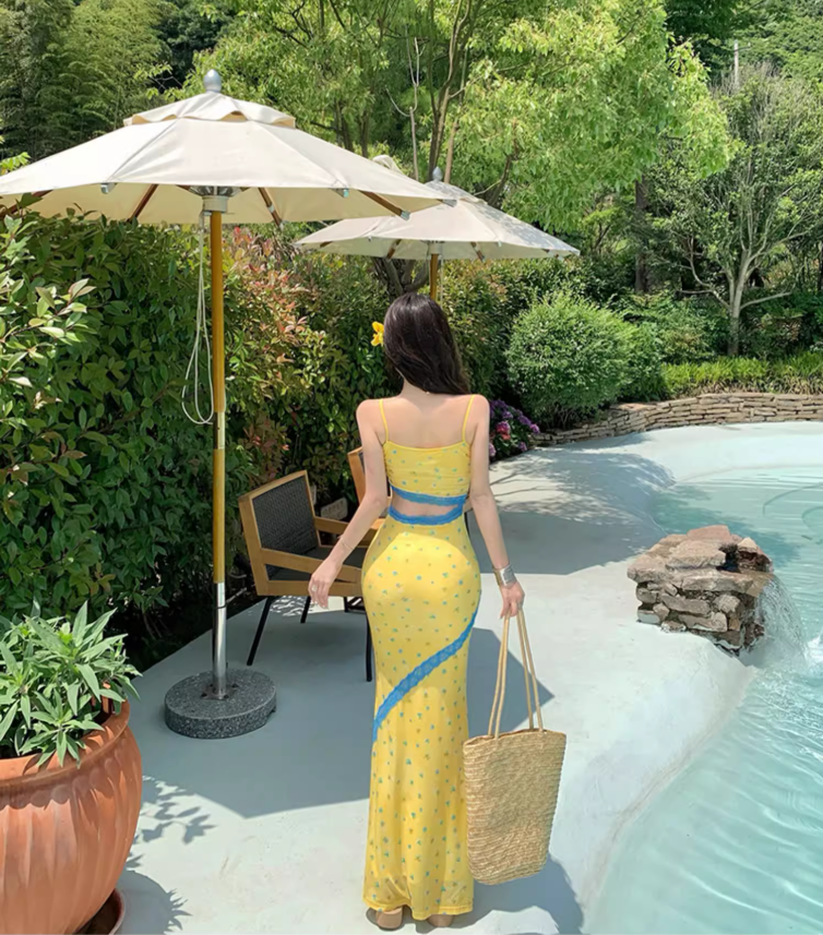 Lace Trimmed Open-Waist Fitting Maxi Dress Spaghetti Strap Vibrant Bodycon Long Dress AP0600