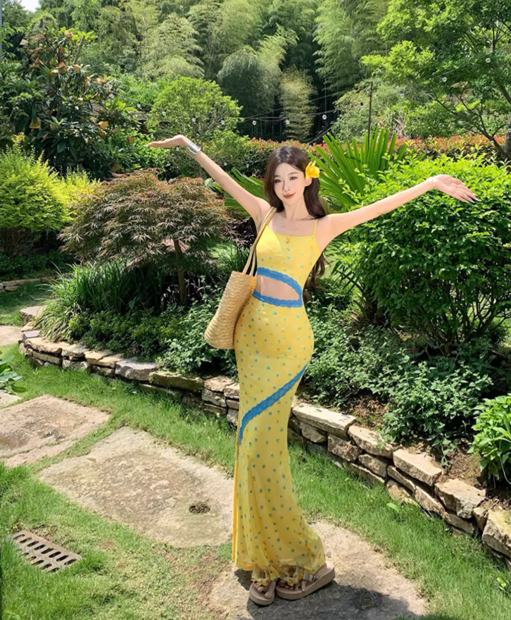 Lace Trimmed Open-Waist Fitting Maxi Dress Spaghetti Strap Vibrant Bodycon Long Dress AP0600