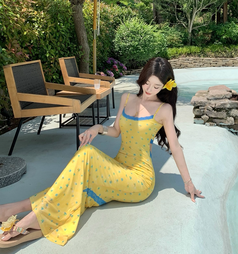 Lace Trimmed Open-Waist Fitting Maxi Dress Spaghetti Strap Vibrant Bodycon Long Dress AP0600