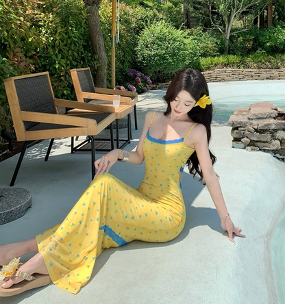 Lace Trimmed Open-Waist Fitting Maxi Dress Spaghetti Strap Vibrant Bodycon Long Dress AP0600