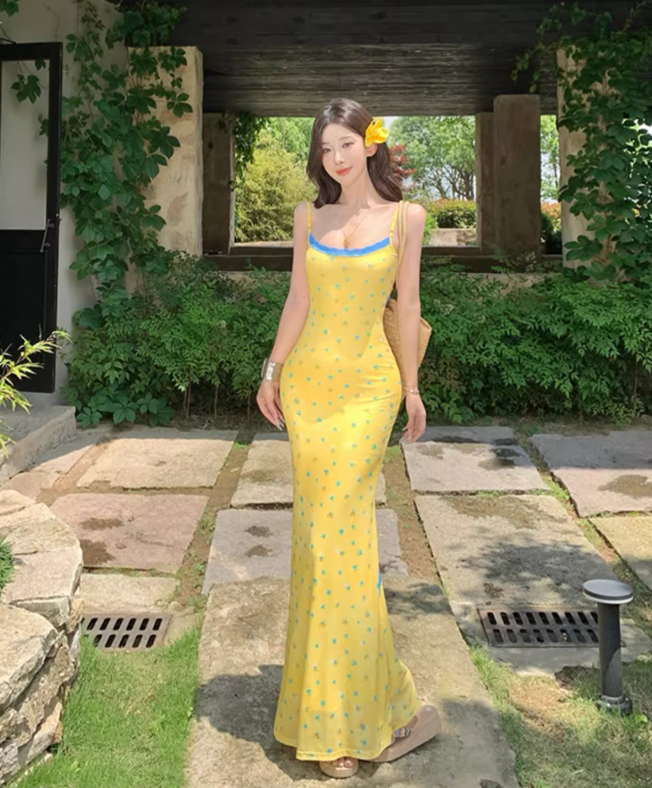 Lace Trimmed Open-Waist Fitting Maxi Dress Spaghetti Strap Vibrant Bodycon Long Dress AP0600