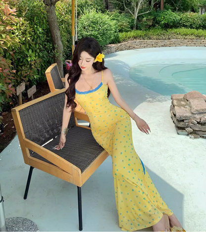 Lace Trimmed Open-Waist Fitting Maxi Dress Spaghetti Strap Vibrant Bodycon Long Dress AP0600