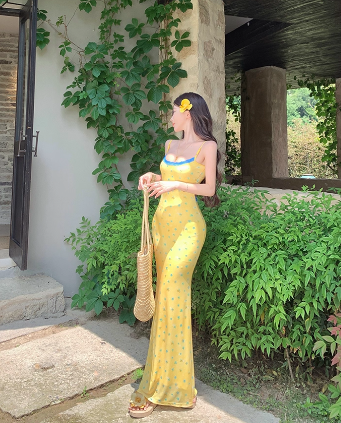 Lace Trimmed Open-Waist Fitting Maxi Dress Spaghetti Strap Vibrant Bodycon Long Dress AP0600