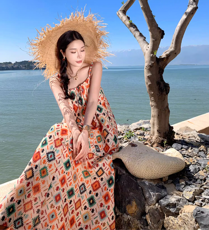 Boho Style Designer Vintage Maxi Dress Island Photo Oversize Long Dress AP0601