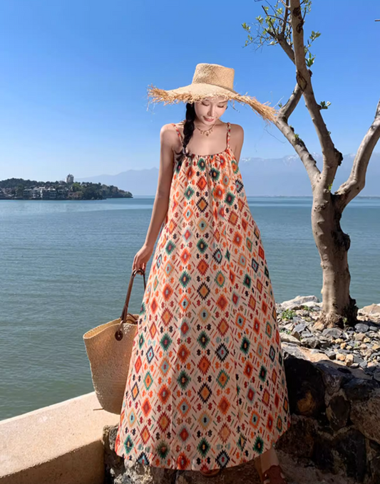Boho Style Designer Vintage Maxi Dress Island Photo Oversize Long Dress AP0601