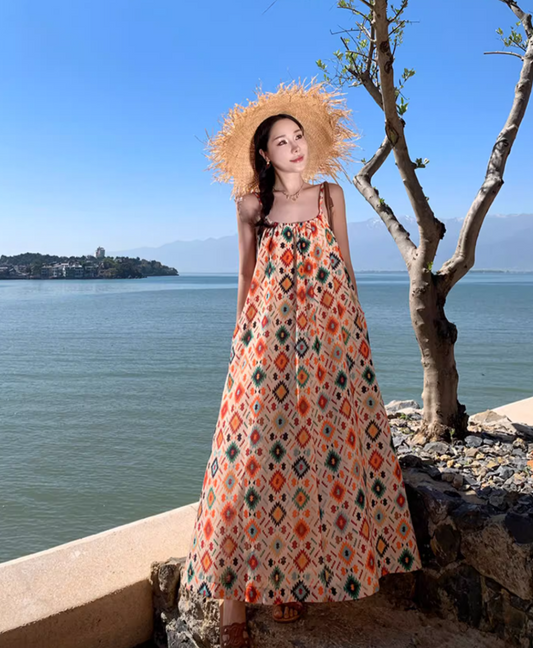 Boho Style Designer Vintage Maxi Dress Island Photo Oversize Long Dress AP0601