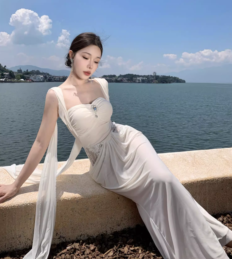 Lace Patchwork Strapless Draped Sundress Soft Fabric Bodycon Long Dress AP0602