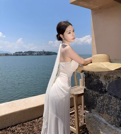 Lace Patchwork Strapless Draped Sundress Soft Fabric Bodycon Long Dress AP0602