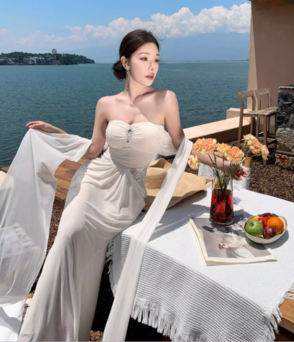 Lace Patchwork Strapless Draped Sundress Soft Fabric Bodycon Long Dress AP0602