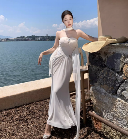 Lace Patchwork Strapless Draped Sundress Soft Fabric Bodycon Long Dress AP0602