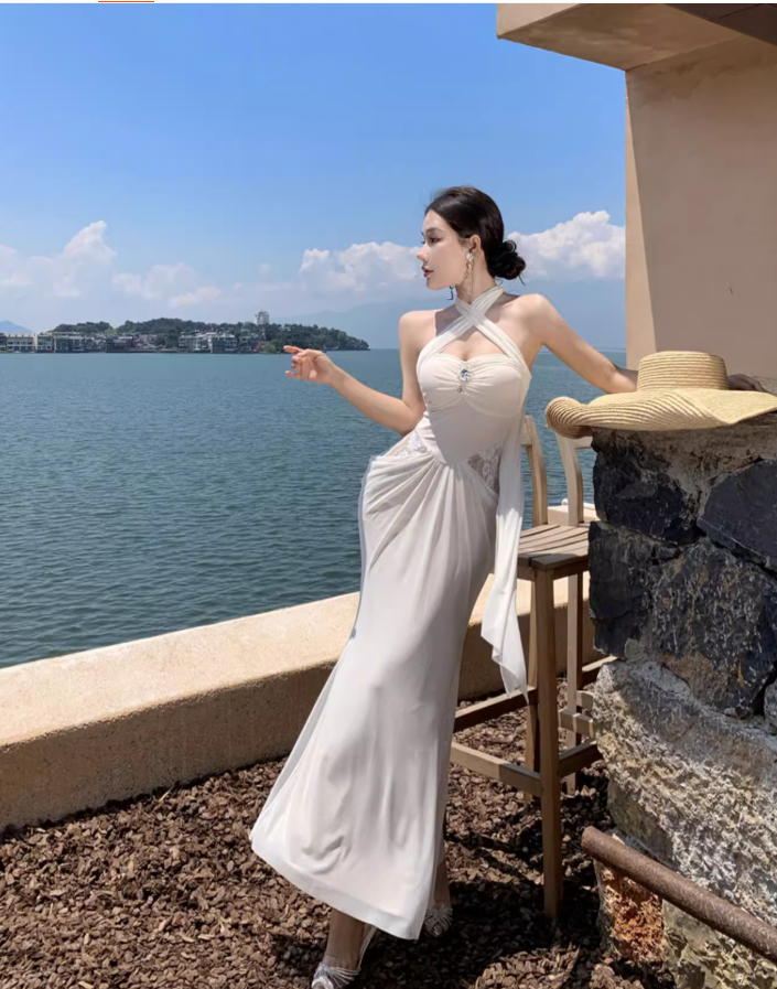 Lace Patchwork Strapless Draped Sundress Soft Fabric Bodycon Long Dress AP0602