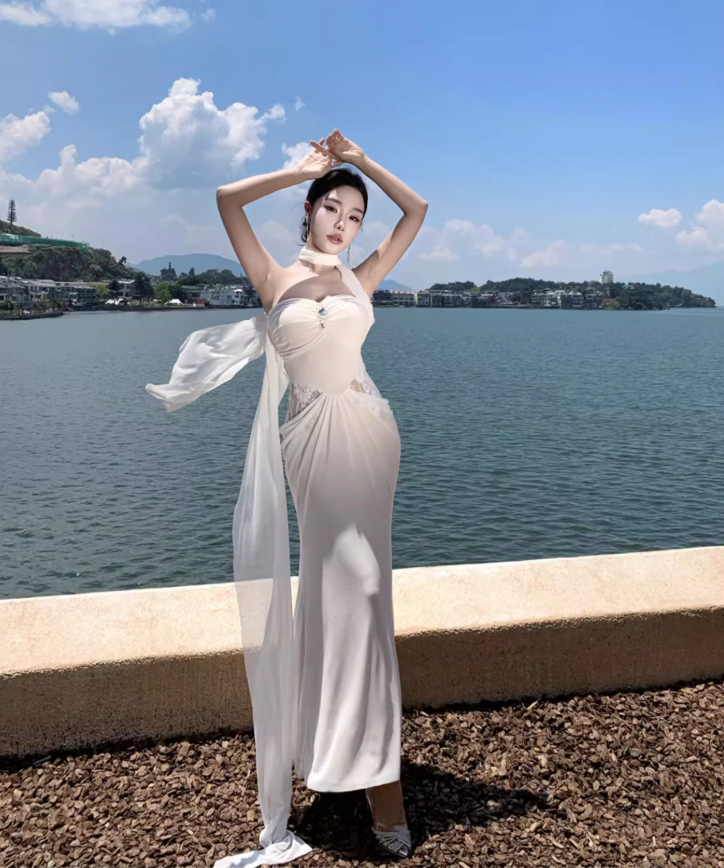 Lace Patchwork Strapless Draped Sundress Soft Fabric Bodycon Long Dress AP0602