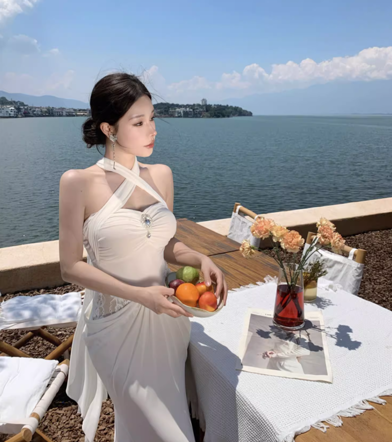 Lace Patchwork Strapless Draped Sundress Soft Fabric Bodycon Long Dress AP0602