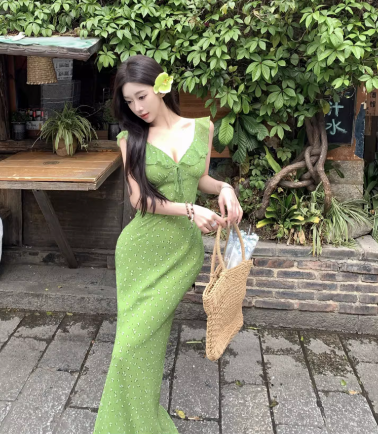 Lightweight Soft Fabric Ruffles Trimmed Maxi Dress Spaghetti Strap Vibrant Long Dress AP0603