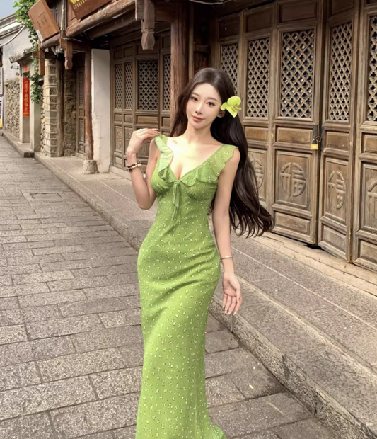 Lightweight Soft Fabric Ruffles Trimmed Maxi Dress Spaghetti Strap Vibrant Long Dress AP0603