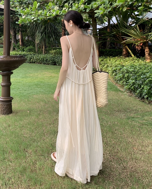 Ethereal Style Simple Vintage Maxi Dress Island Photo Oversize Backless Long Dress AP0605