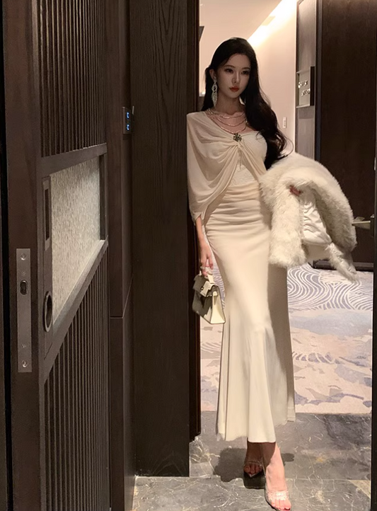 French-Inspired Off-Shoulder Shawl Strapless Maxi Dress Soft Fabric Bodycon Long Dress AP0606