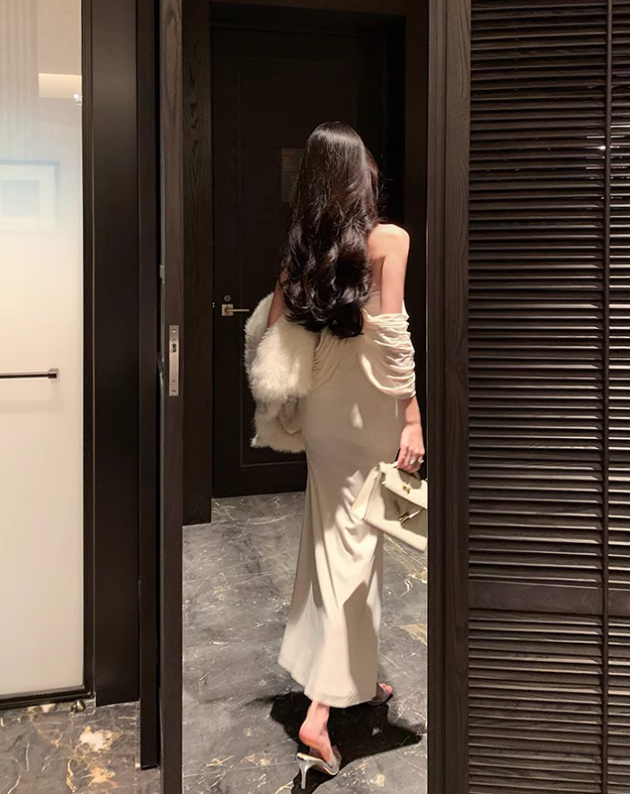 French-Inspired Off-Shoulder Shawl Strapless Maxi Dress Soft Fabric Bodycon Long Dress AP0606