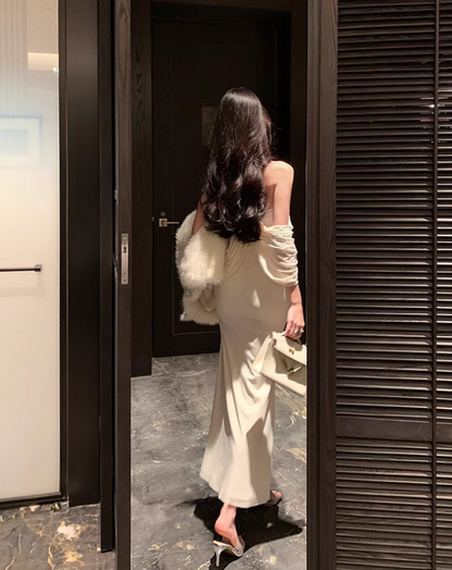 French-Inspired Off-Shoulder Shawl Strapless Maxi Dress Soft Fabric Bodycon Long Dress AP0606