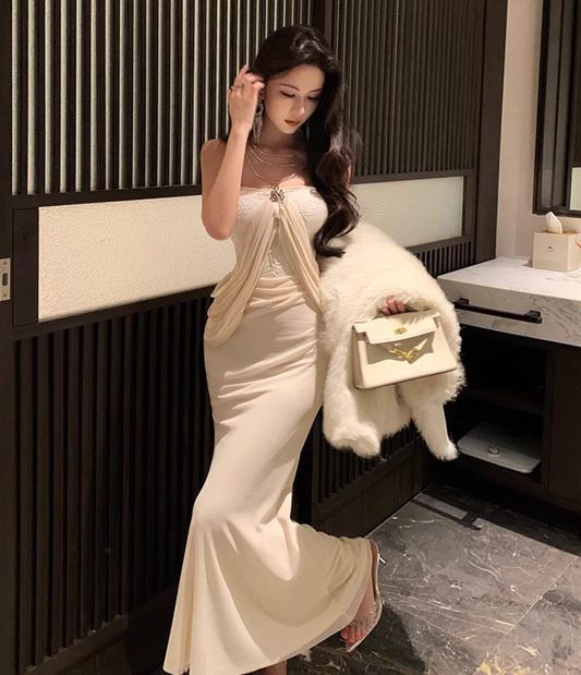 French-Inspired Off-Shoulder Shawl Strapless Maxi Dress Soft Fabric Bodycon Long Dress AP0606