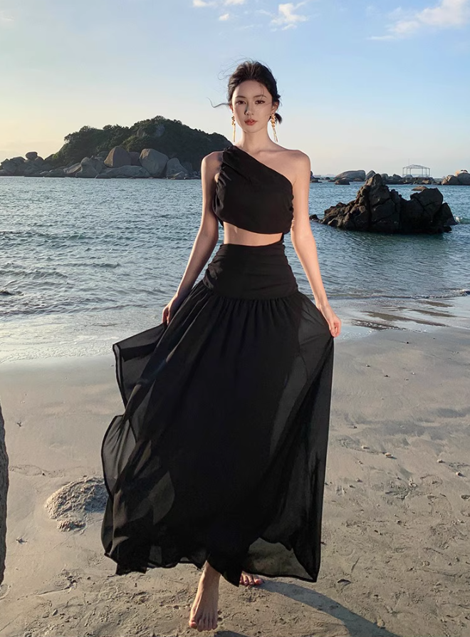 Unique LBD One Shoulder Sleeveless Maxi Dress Open-Waist Asymmetric Neck Long Dress AP0607